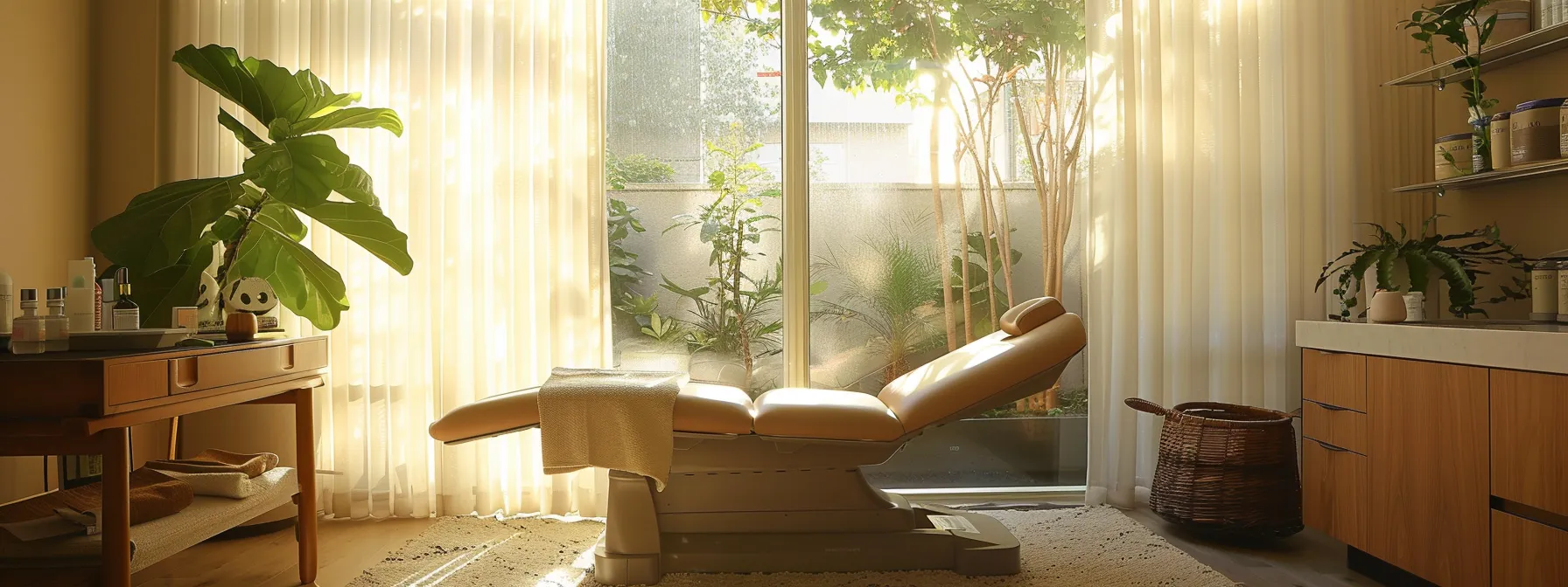 a tranquil chiropractic office exudes warmth, featuring soft natural light streaming through large windows, illuminating a serene treatment room adorned with earthy tones and minimalist decor.